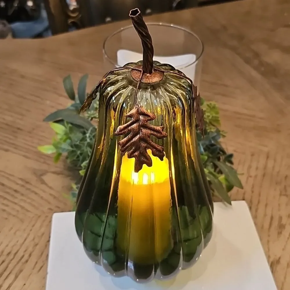 Green Glass Pumpkin Candle Holder
